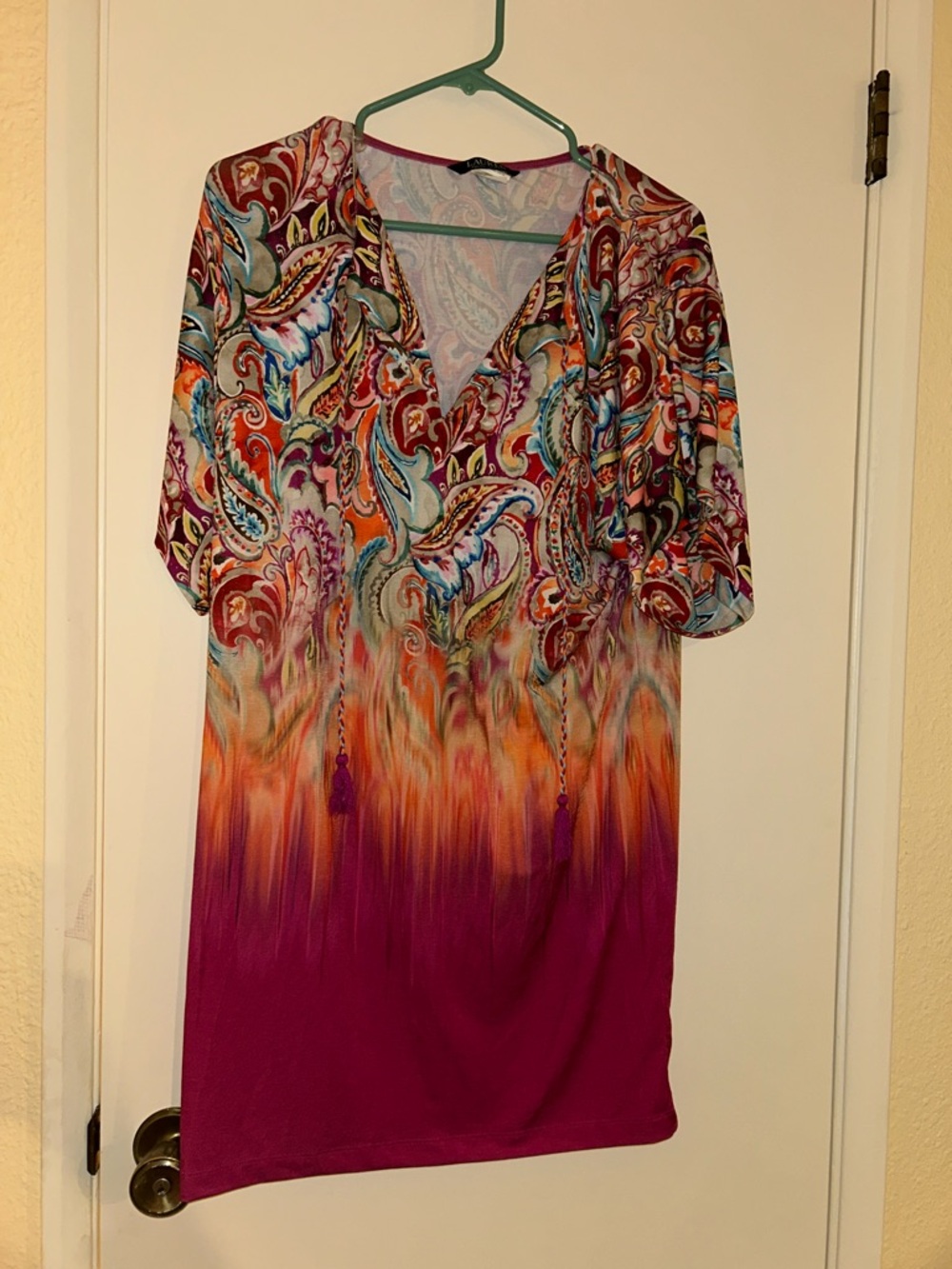Ralph Lauren Paisley Gradient V-Neck Tunic in Magenta, Orange, Teal